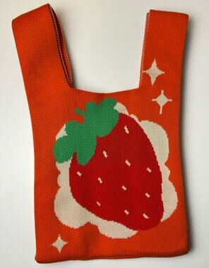 Strawberry Knit Mini Tote Bag Japanese Lunch Bag Kawaii Orange Handbag Cute